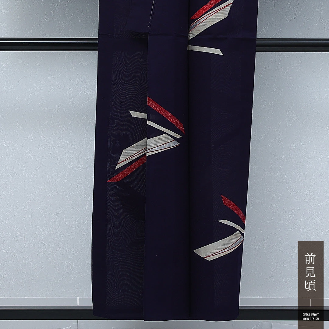 アンティーク 夏物 小紋 紗 身丈151cm 裄丈62cm 正絹 Bランク バチ衿 XSサイズ 漆糸 抽象柄 紺系 RP 1221-17259