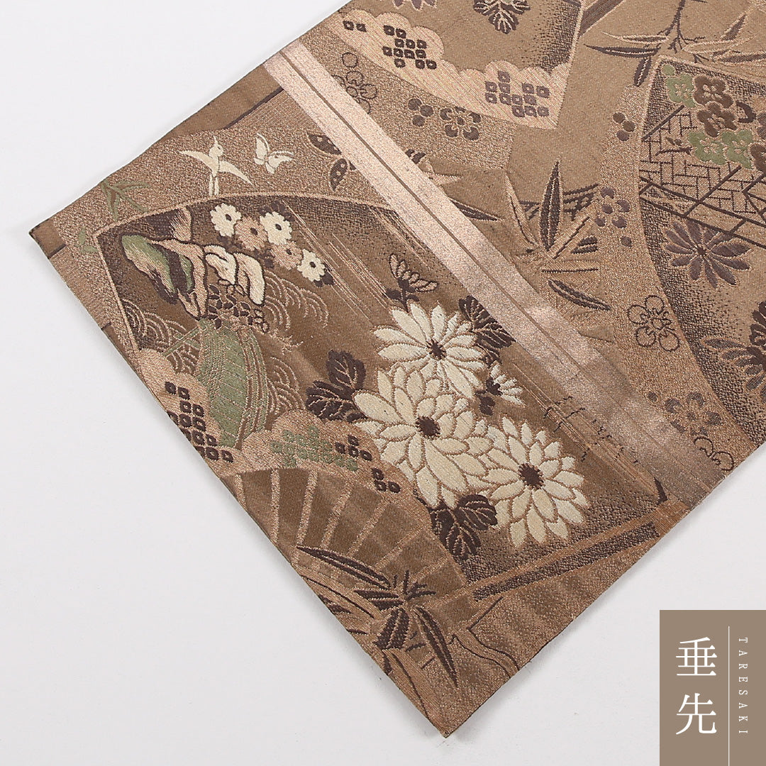アンティーク 丸帯 帯丈392cm 正絹 全通 扇面文 竹 茶系 1242-02564