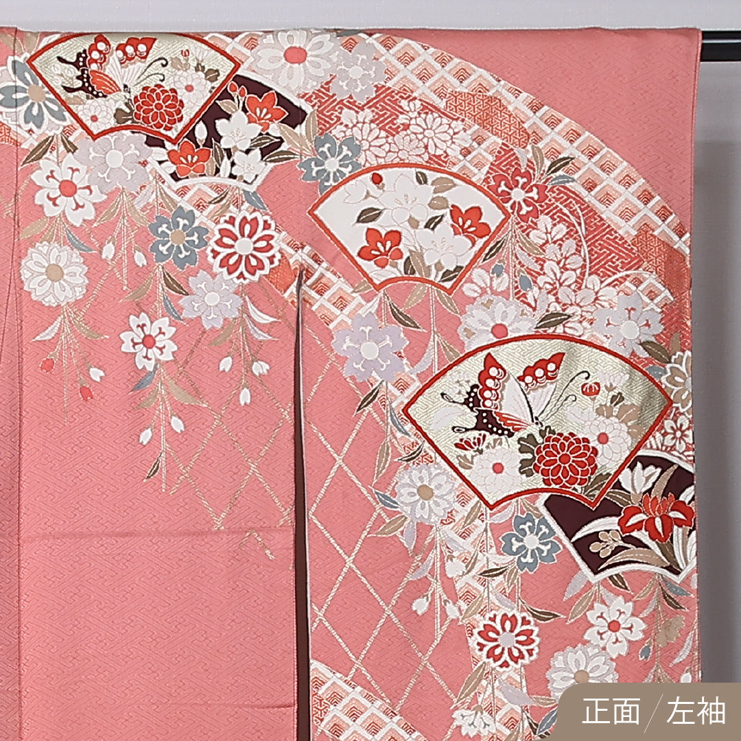 振袖 袷 身丈166cm 裄丈65cm 正絹 Aランク フォーマル 広衿 XLサイズ 蝶 椿 吉祥文様 ピンク系 RP 1215-06757