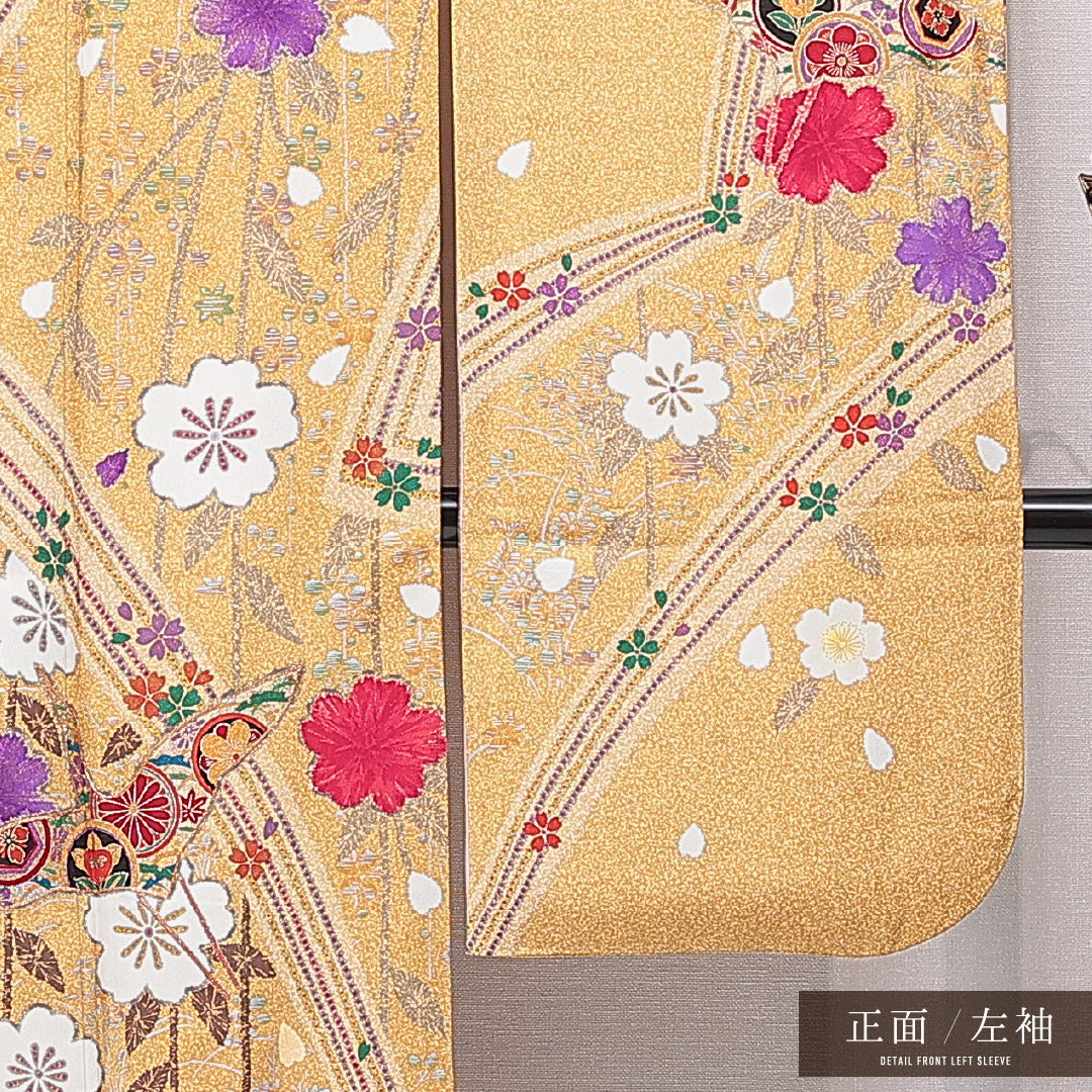 振袖 袷 身丈160cm 裄丈66cm 正絹 Sランク フォーマル 広衿 Lサイズ 鶴 花柄 黄系 RP 1215-07047