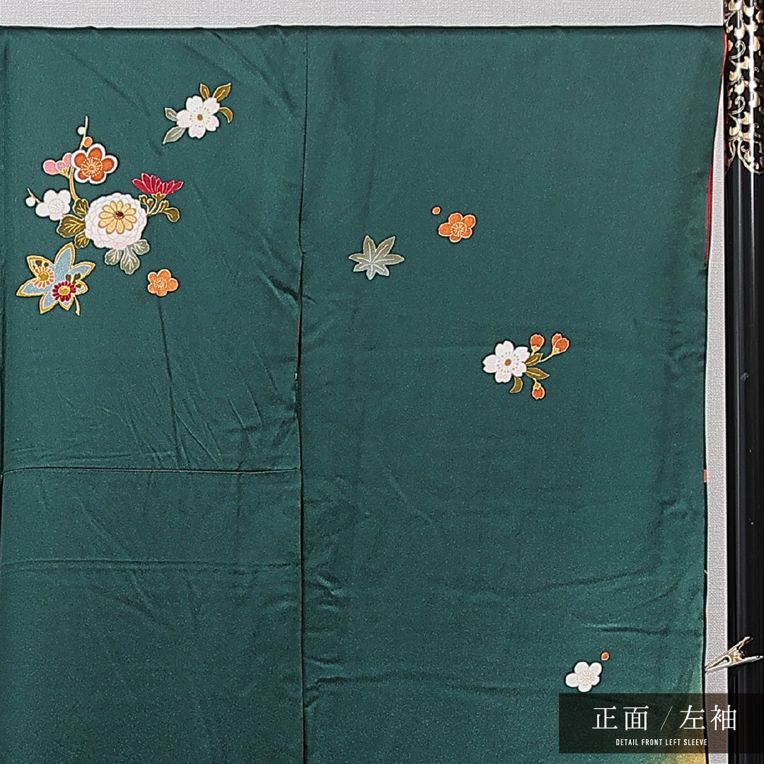 振袖 袷 身丈167cm 裄丈71cm 正絹 Aランク フォーマル 広衿 XLサイズ 毬 牡丹 緑系 RP 1215-06985