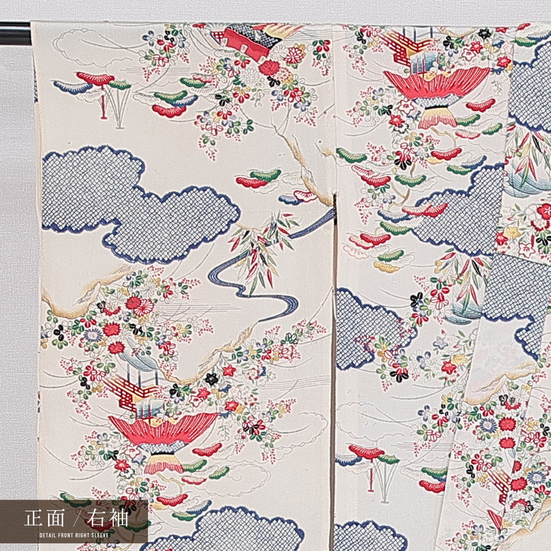 アンティーク 振袖 単衣 身丈156cm 裄丈62cm 正絹 Cランク 一つ紋 (橘) バチ衿 Mサイズ 吉祥文様 クリーム系 RP 1215-07029