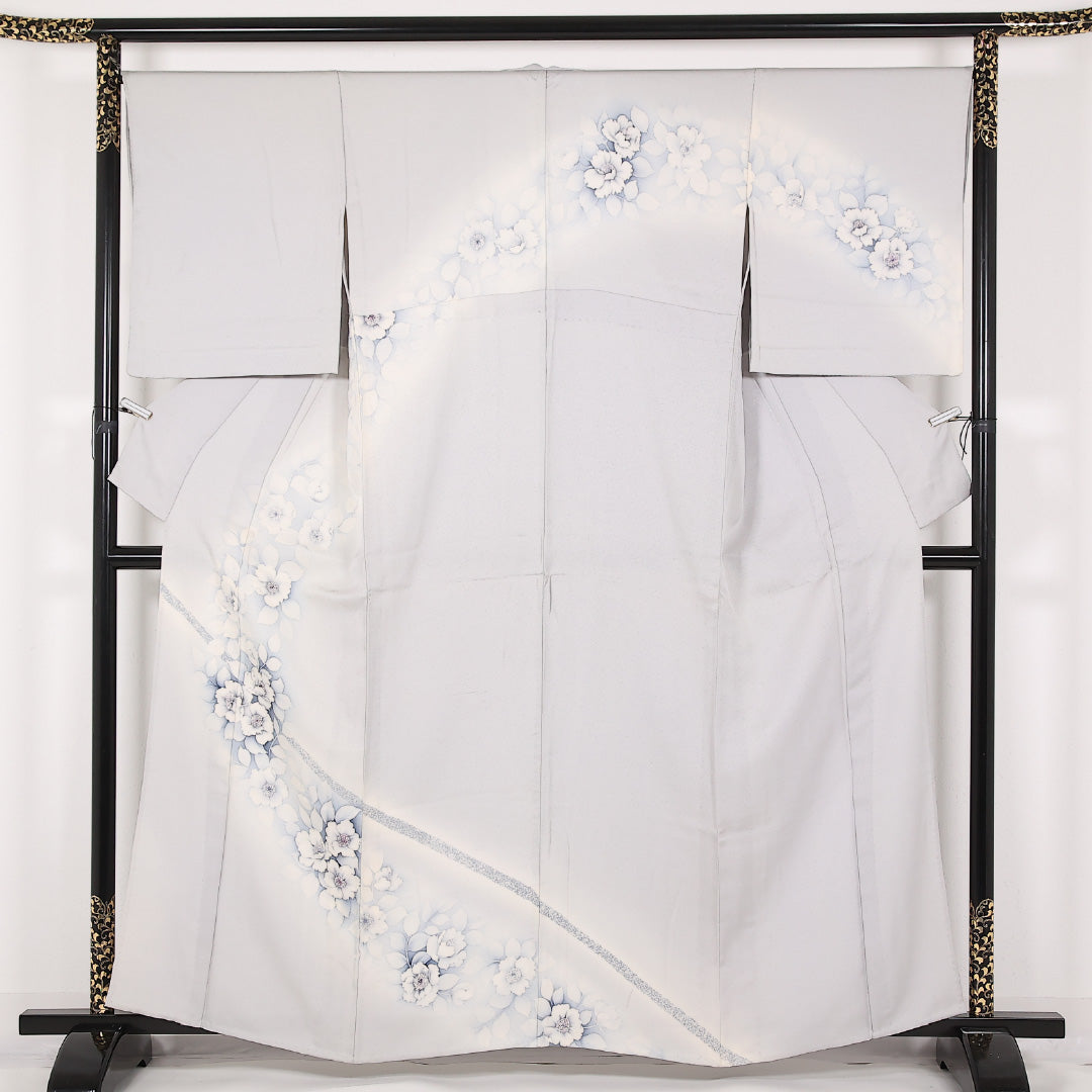 訪問着 単衣 身丈160cm 裄丈60cm 正絹 Bランク セミフォーマル 広衿 Mサイズ 椿 グレー系 RP 1217-17520