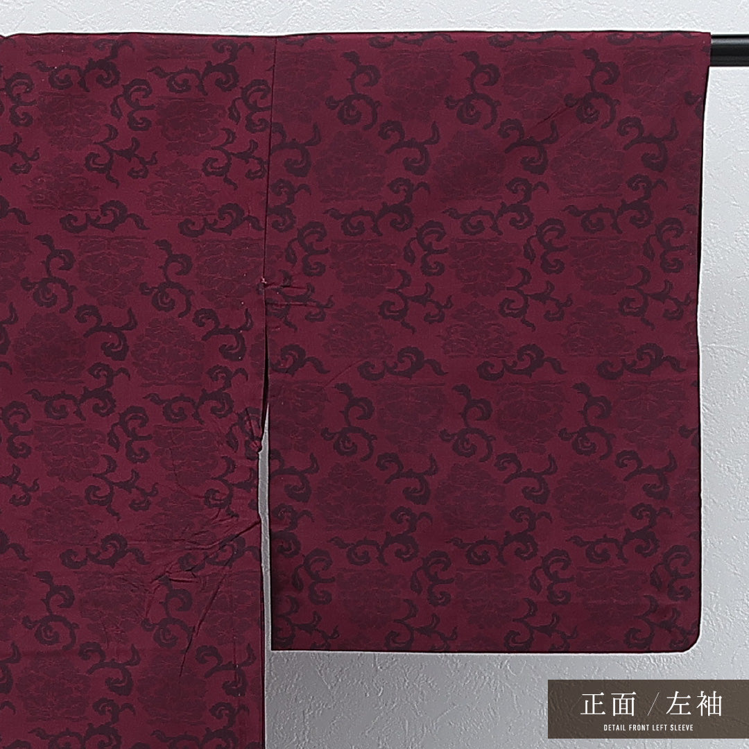 アンティーク お召 単衣 身丈154cm 裄丈67cm 正絹 Cランク バチ衿 XSサイズ ケイトウ 赤系 RP 1222-17262