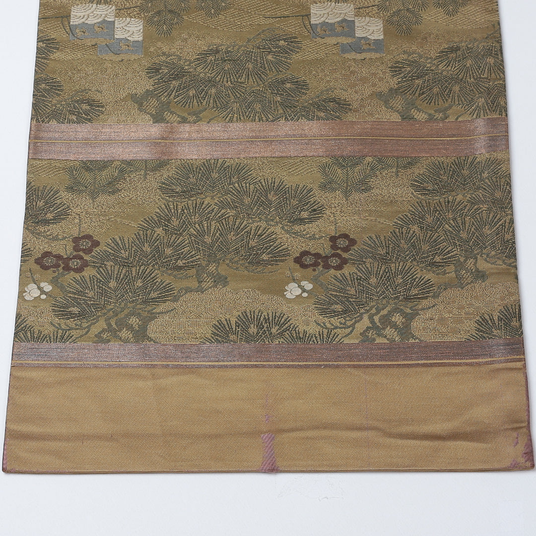 アンティーク 丸帯 帯丈400cm 正絹 全通 松 緑系 茶系 1242-00539