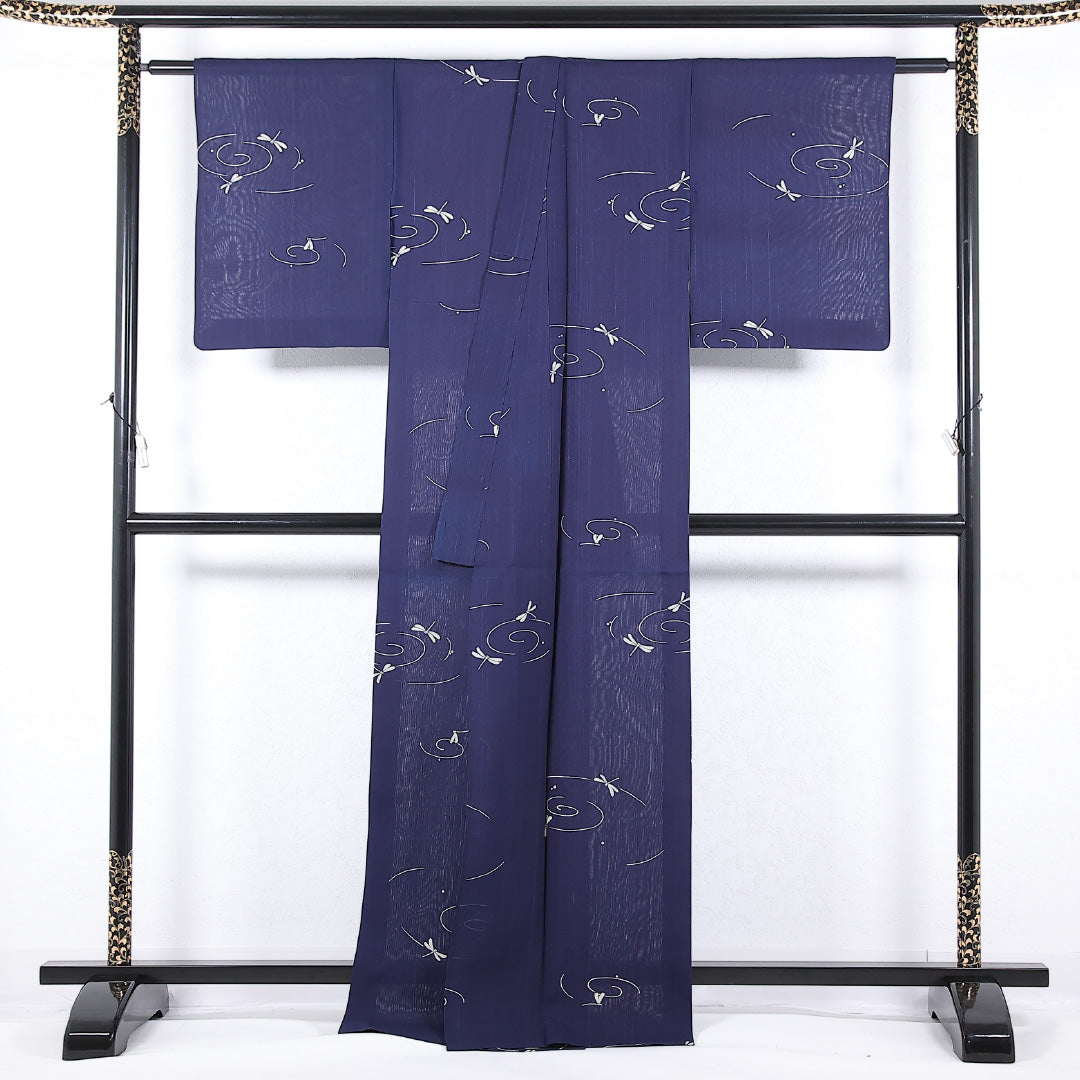 夏物 小紋 身丈166cm 裄丈64cm 正絹 Cランク インフォーマル 広衿 Sサイズ ガード加工 蜻蛉 紺系 RP 1221-17345