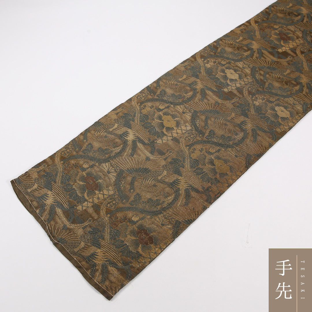 アンティーク 丸帯 帯丈392cm 正絹 全通 鶴 牡丹 茶系 1242-02563