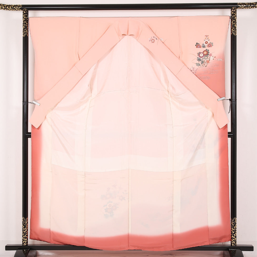 訪問着 袷 身丈160cm 裄丈66cm 正絹 Aランク セミフォーマル 広衿 Mサイズ 熨斗 観世水 四季草花 ピンク系 RP 1217-17526
