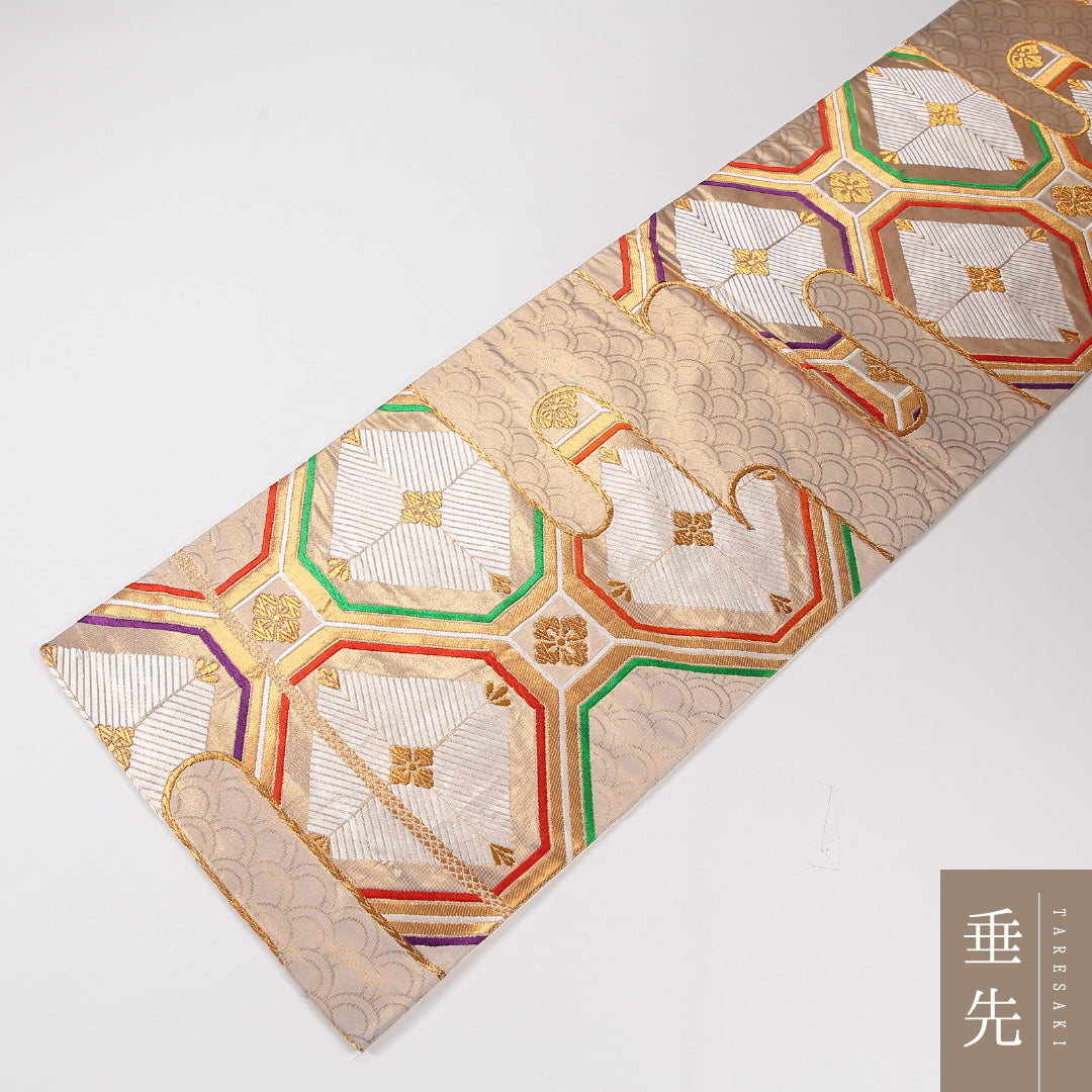 蜀江 袋帯 帯丈424cm 正絹 六通 フォーマル クリーム系 ピンク系 1243-02629