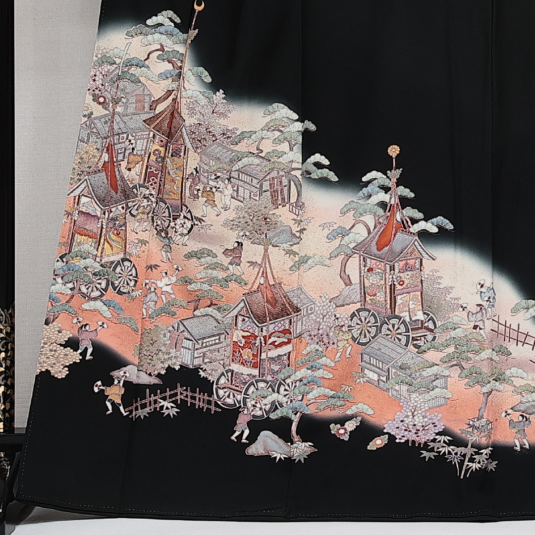 黒留袖 袷 身丈164cm 裄丈65cm 正絹 Sランク 五つ紋 (三つ追い茗荷) フォーマル 広衿 Lサイズ 比翼 京洛百景 黒系 RP 1213-06882