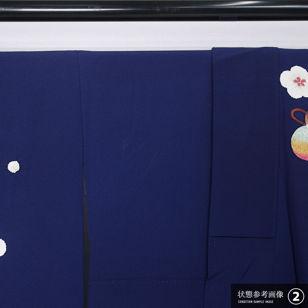 振袖 袷 身丈161cm 裄丈68cm 正絹 Bランク フォーマル 広衿 Lサイズ 絞り 毬 梅 紺系 M4 1215-06728