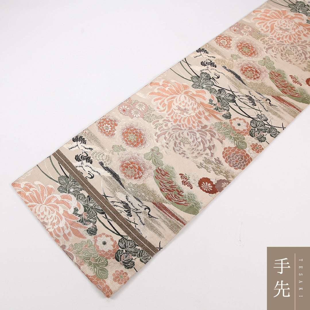 アンティーク 丸帯 帯丈372cm 正絹 全通 鶴 菊 ベージュ系 1242-02565