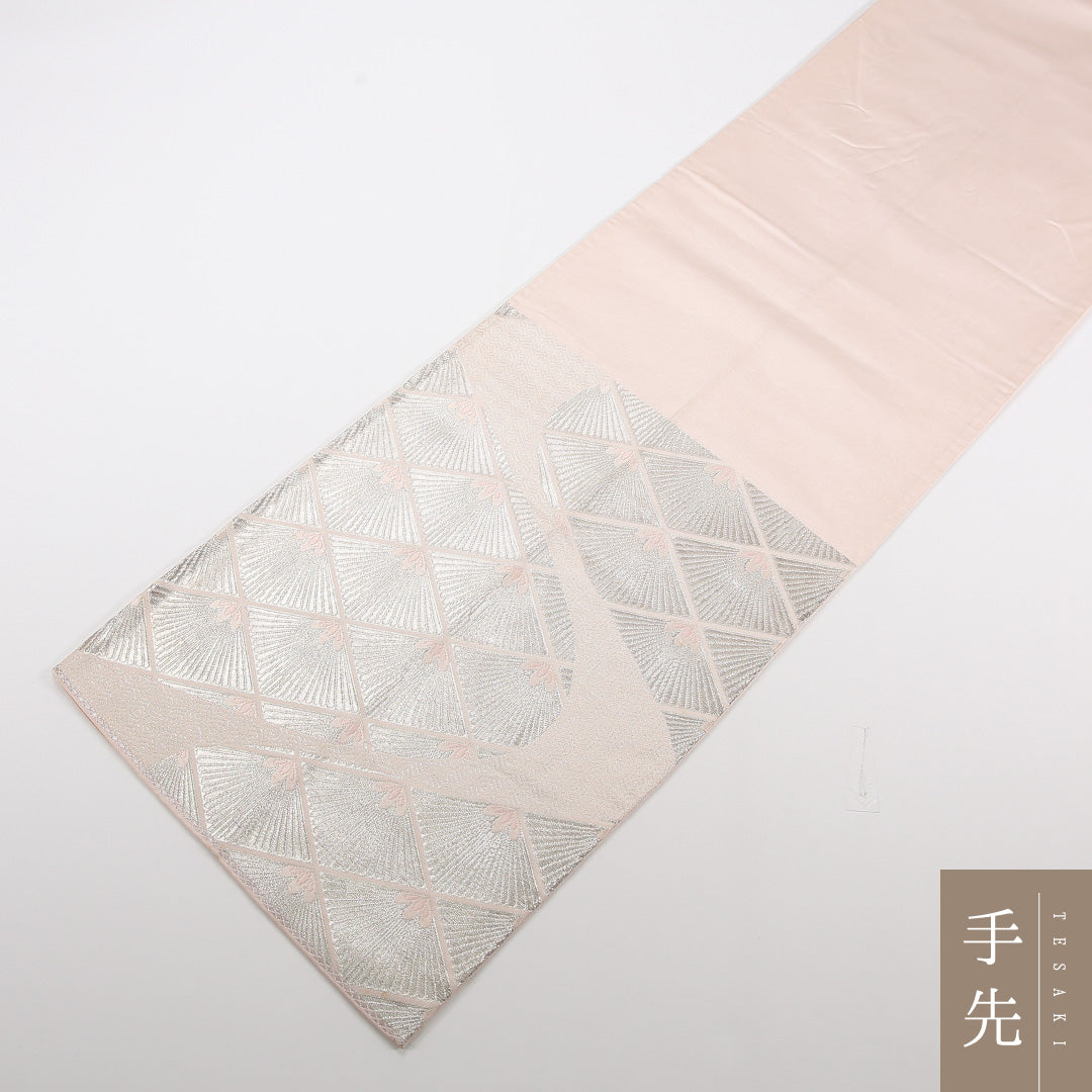 菱 袋帯 帯丈418cm 正絹 六通 セミフォーマル 銀系 1243-02522
