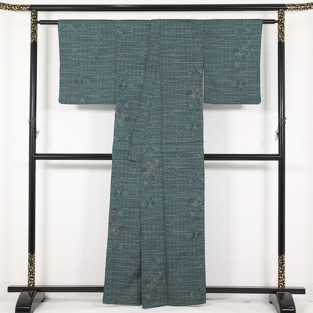 洗える着物 小紋 単衣 身丈160cm 裄丈65cm ポリエステル Sランク インフォーマル バチ衿 Sサイズ 植物柄 緑系 RP 1221-17432