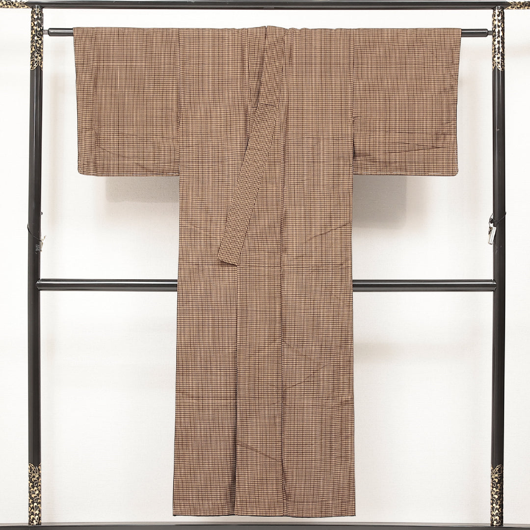 アンティーク 紬 袷 身丈142cm 裄丈62cm 正絹 Cランク バチ衿 XSサイズ 格子 茶系 RP 1223-17207