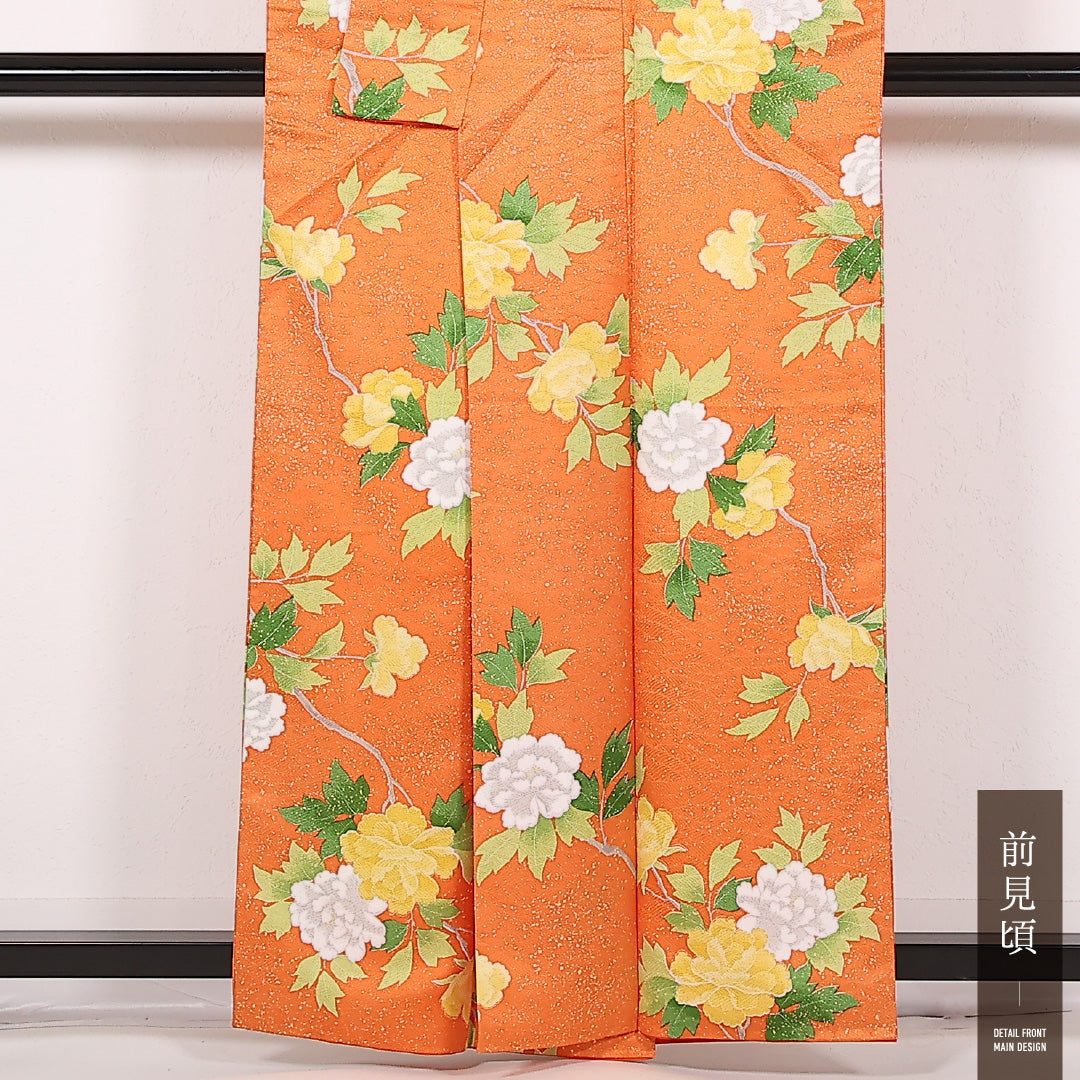 洗える着物 小紋 袷 身丈158cm 裄丈64cm ポリエステル Sランク 紋意匠 (荒磯) インフォーマル 広衿 Lサイズ 牡丹 朱系 RP 1221-17514