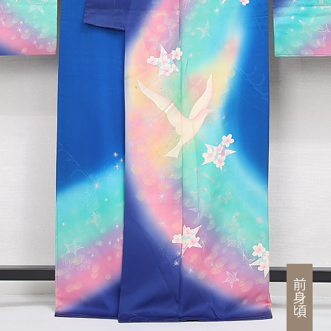 振袖 袷 身丈166cm 裄丈66cm 正絹 Aランク フォーマル 広衿 XLサイズ 蝶 鳩 青系 RP 1215-06802