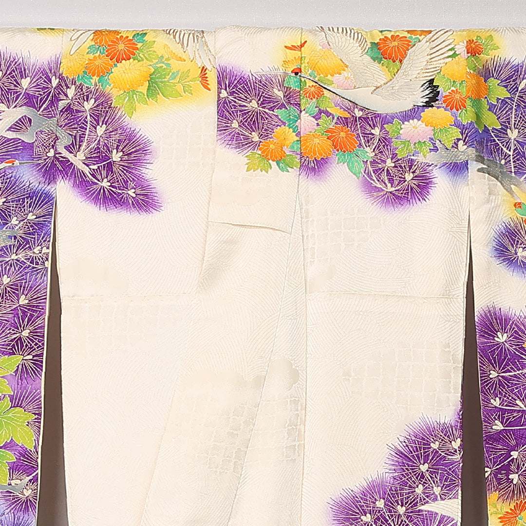 振袖 袷 身丈164cm 裄丈66cm 正絹 Bランク フォーマル 広衿 Lサイズ 鶴 菊 松 クリーム系 RP 1215-06739