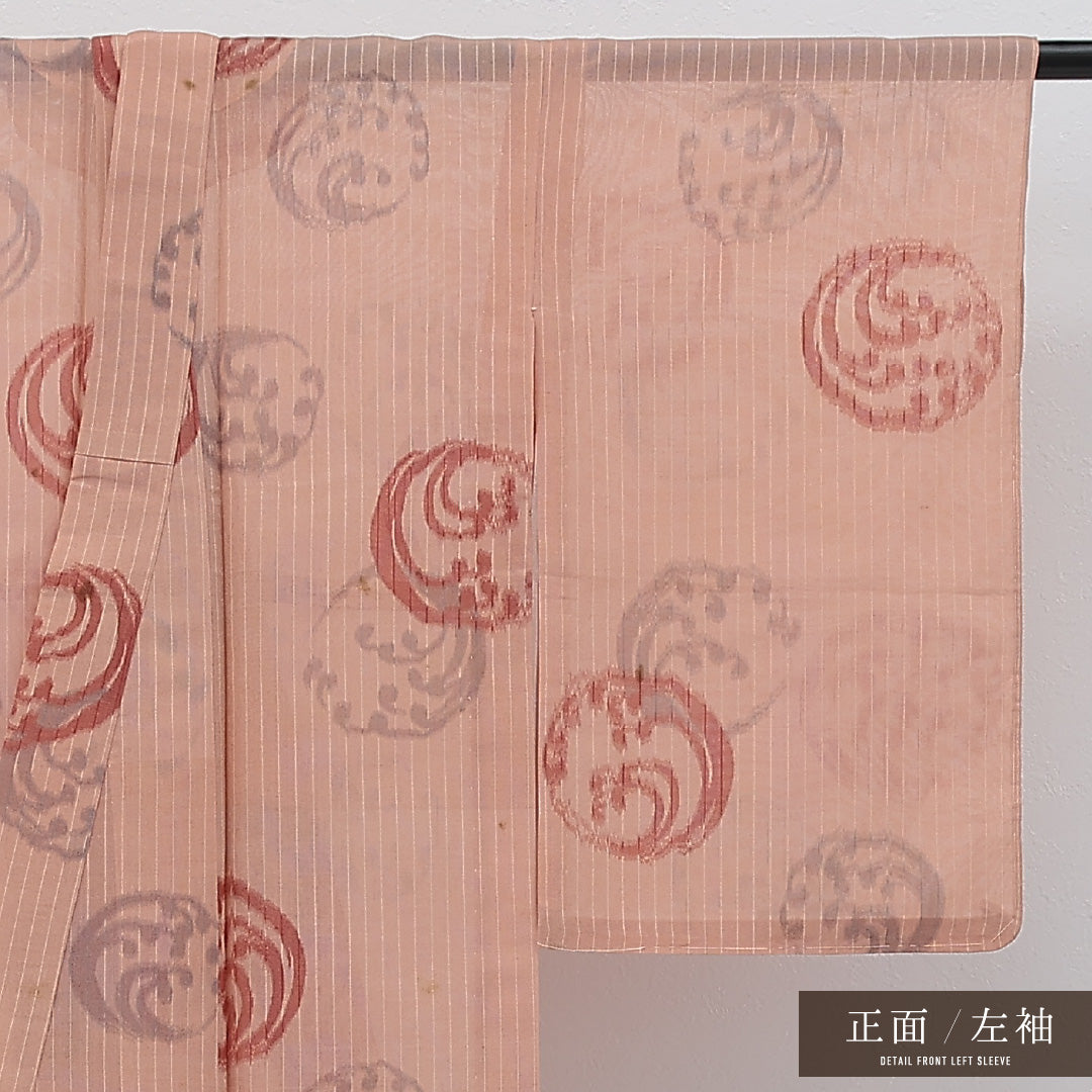 アンティーク 夏物 小紋 紗 身丈142cm 裄丈62cm 正絹 Cランク バチ衿 XSサイズ 荒磯 丸文 ピンク系 RP 1221-17241