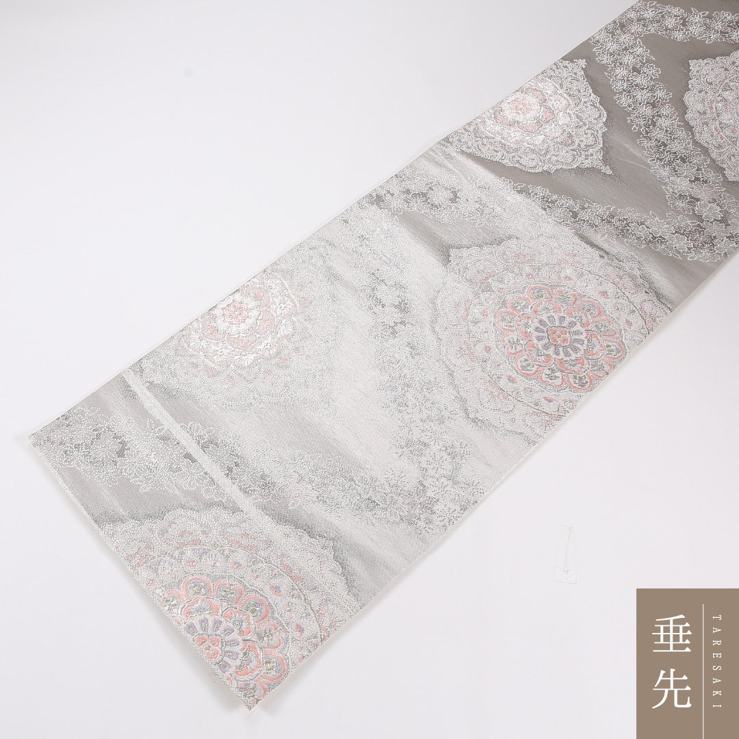 宝相華 袋帯 帯丈432cm 正絹 六通 フォーマル クリーム系 銀系 1243-02616