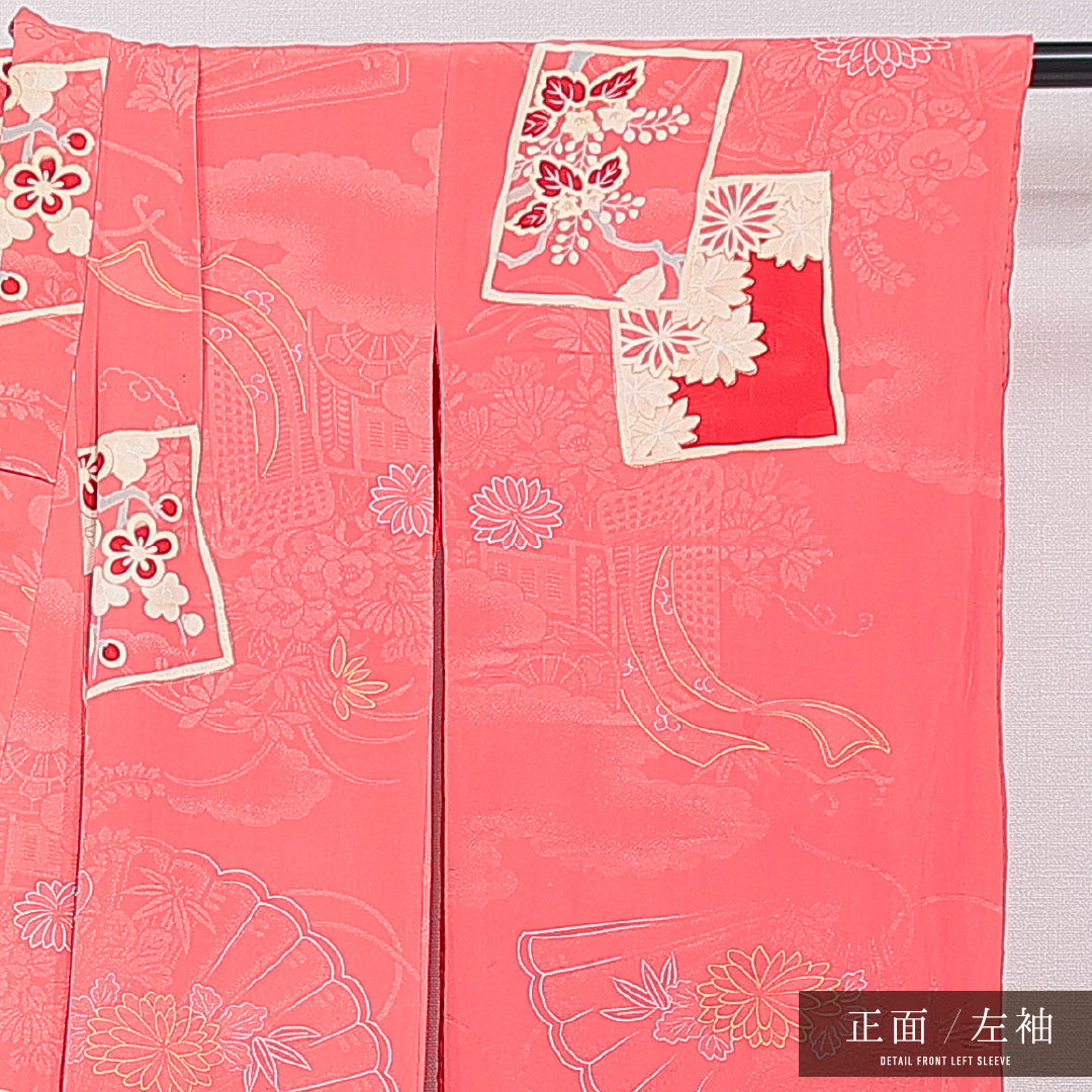 アンティーク 小振袖 (錦紗) 袷 身丈148cm 裄丈59cm 正絹 Aランク 広衿 XSサイズ 御所車 ピンク系 RP 1216-07083