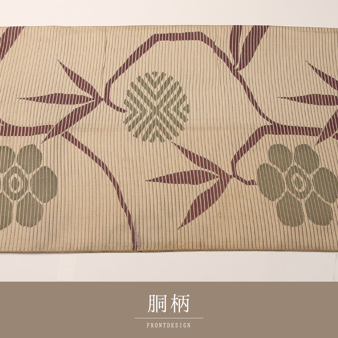 夏物 袋帯 帯丈424cm 正絹 全通 インフォーマル 植物柄 ベージュ系 1243-02455