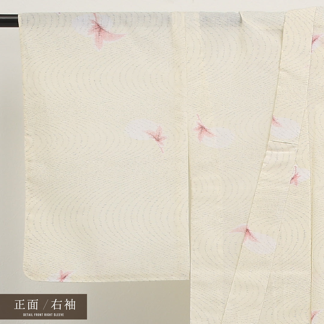 夏物 洗える着物 麻の小紋 身丈152cm 裄丈62cm 麻 Sランク インフォーマル バチ衿 XSサイズ 花柄 クリーム系 RP 1221-17291