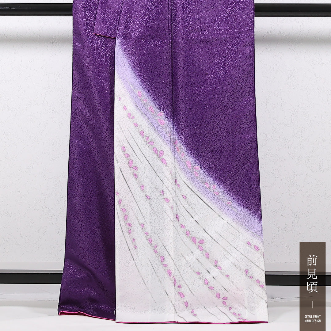 洗える着物 訪問着 袷 身丈165cm 裄丈67cm ポリエステル Aランク 踊り用 バチ衿 Sサイズ 桜 紫系 RP 1217-17381