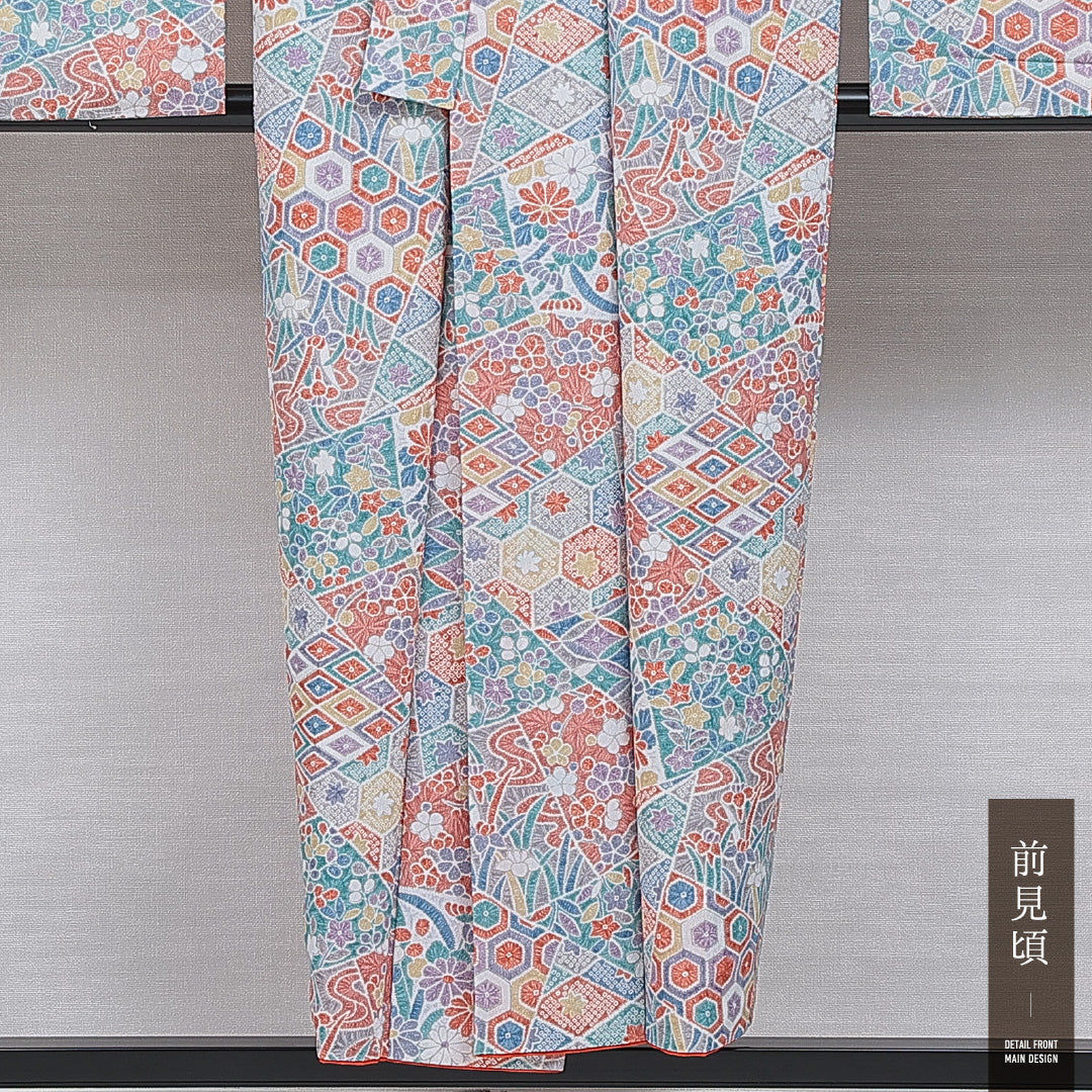 洗える着物 小振袖 袷 身丈151cm 裄丈62cm ポリエステル Sランク セミフォーマル バチ衿 Sサイズ 裂取り 多色系 RP 1216-07089