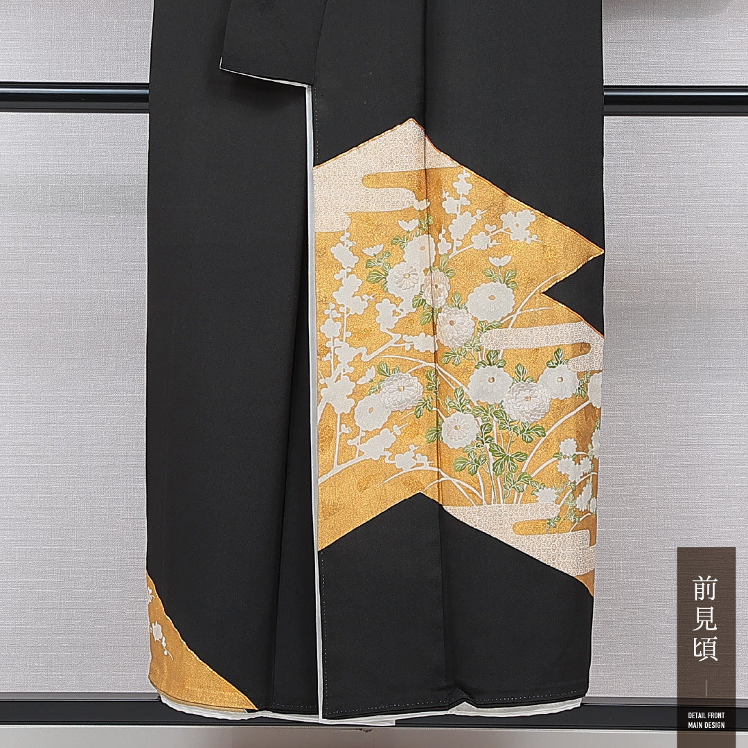 黒留袖 袷 身丈150cm 裄丈63cm 正絹 Sランク 五つ紋 (五三桐) フォーマル 広衿 Sサイズ 蘇州刺繍 比翼 菊 黒系 RP 1213-07015