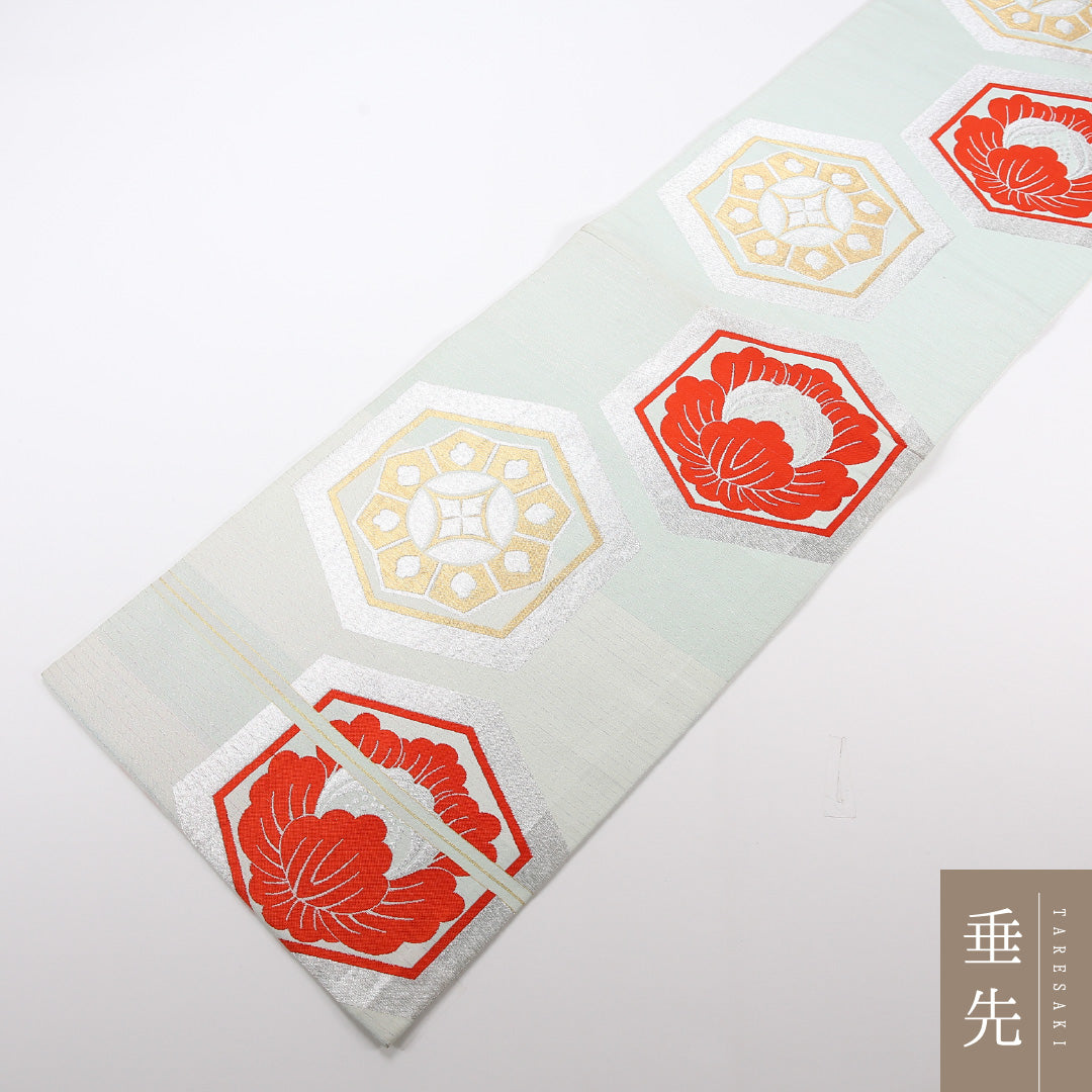 アンティーク 夏物 袋帯 帯丈406cm 正絹 六通 亀甲 グレー系 水色系 1243-02465