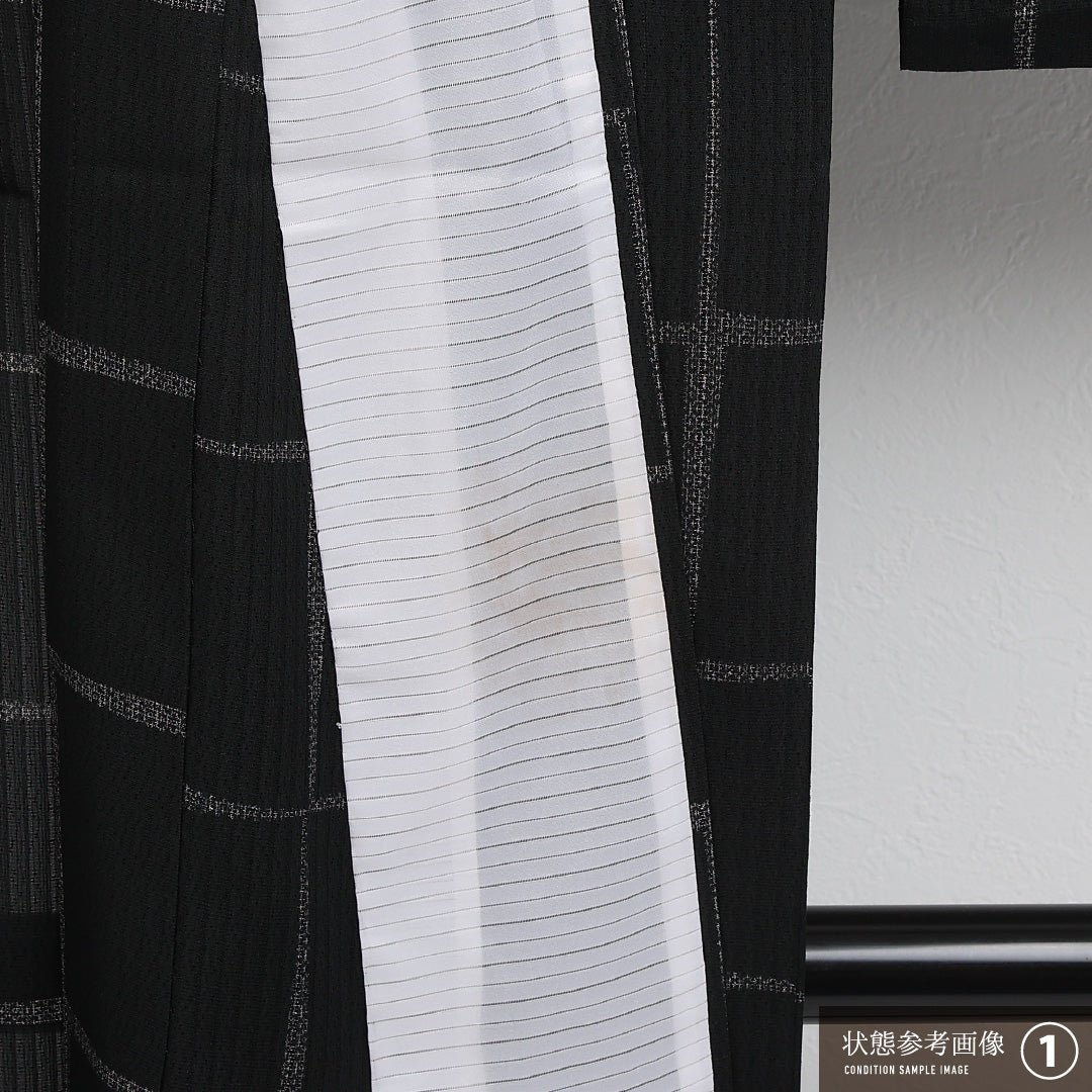 夏物 洗える着物 小紋 身丈165cm 裄丈68cm ポリエステル Aランク インフォーマル 広衿 Mサイズ 格子 黒系 RP 1221-17307