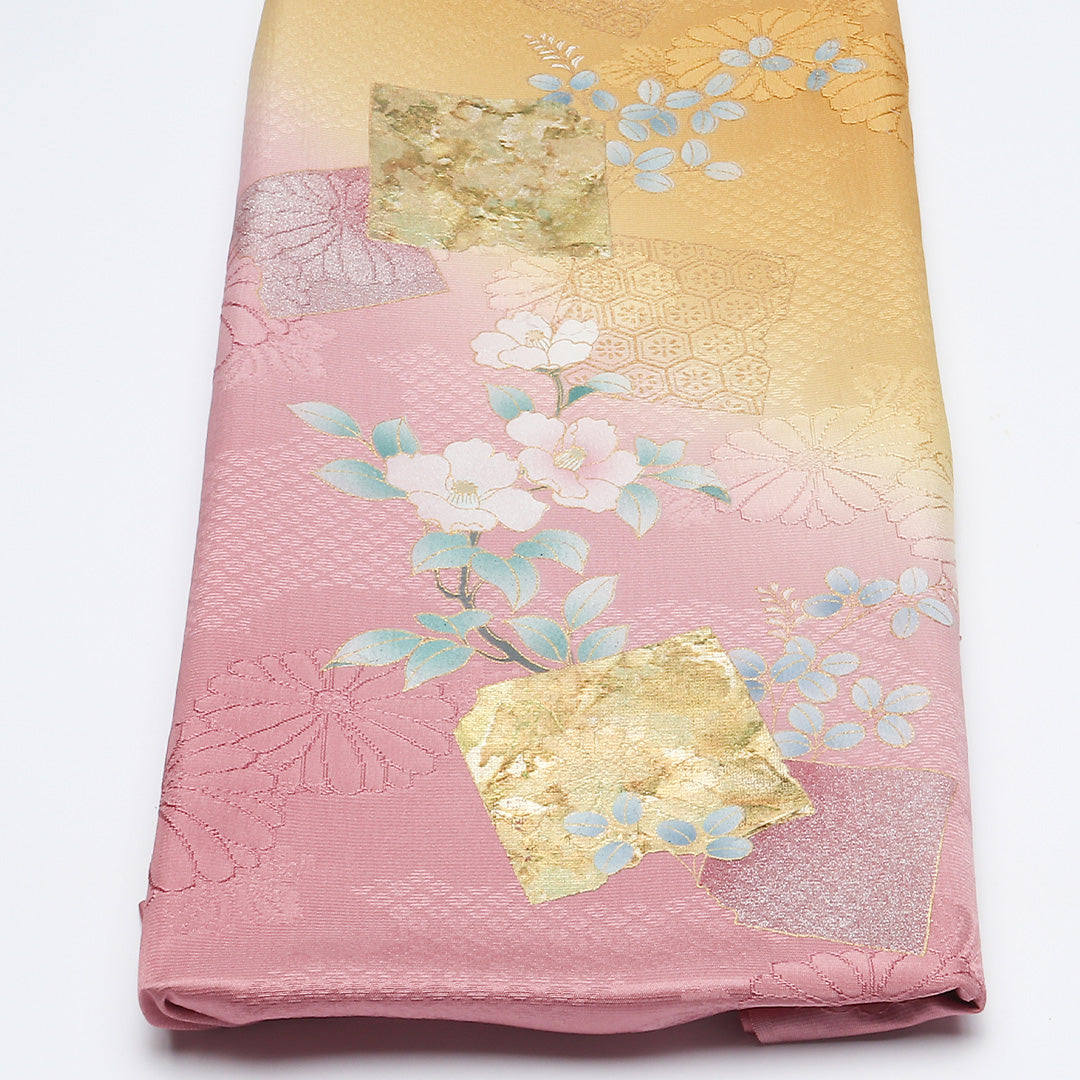未使用品 帯締め・帯揚げセット 礼装用 正絹 平組紐 笹浪組 綸子 ピンク系 黄系 1254-01016