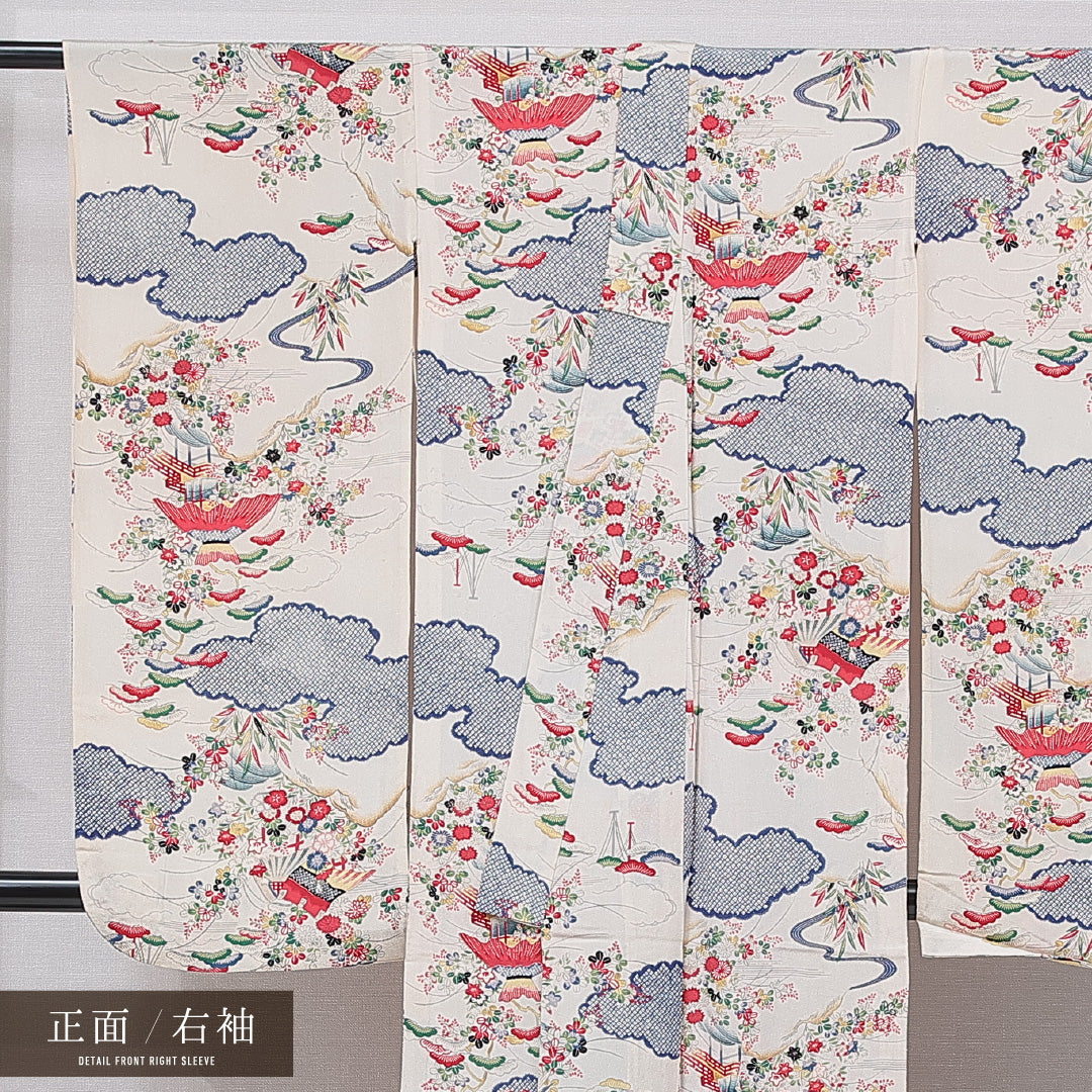 アンティーク 振袖 単衣 身丈156cm 裄丈62cm 正絹 Cランク 一つ紋 (橘) バチ衿 Mサイズ 吉祥文様 クリーム系 RP 1215-07029
