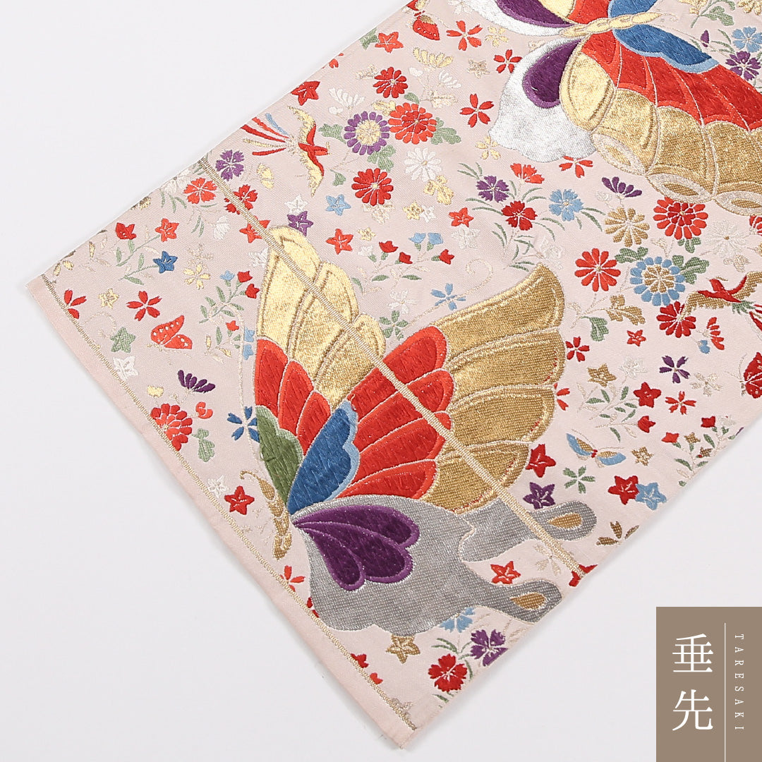 蝶 袋帯 帯丈424cm 正絹 六通 セミフォーマル 菊 クリーム系 ピンク系 1243-02612