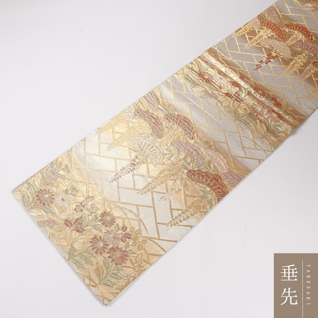 藤 袋帯 帯丈448cm 正絹 六通 フォーマル 藤・笠松 笠松 クリーム系 金系 1243-02628