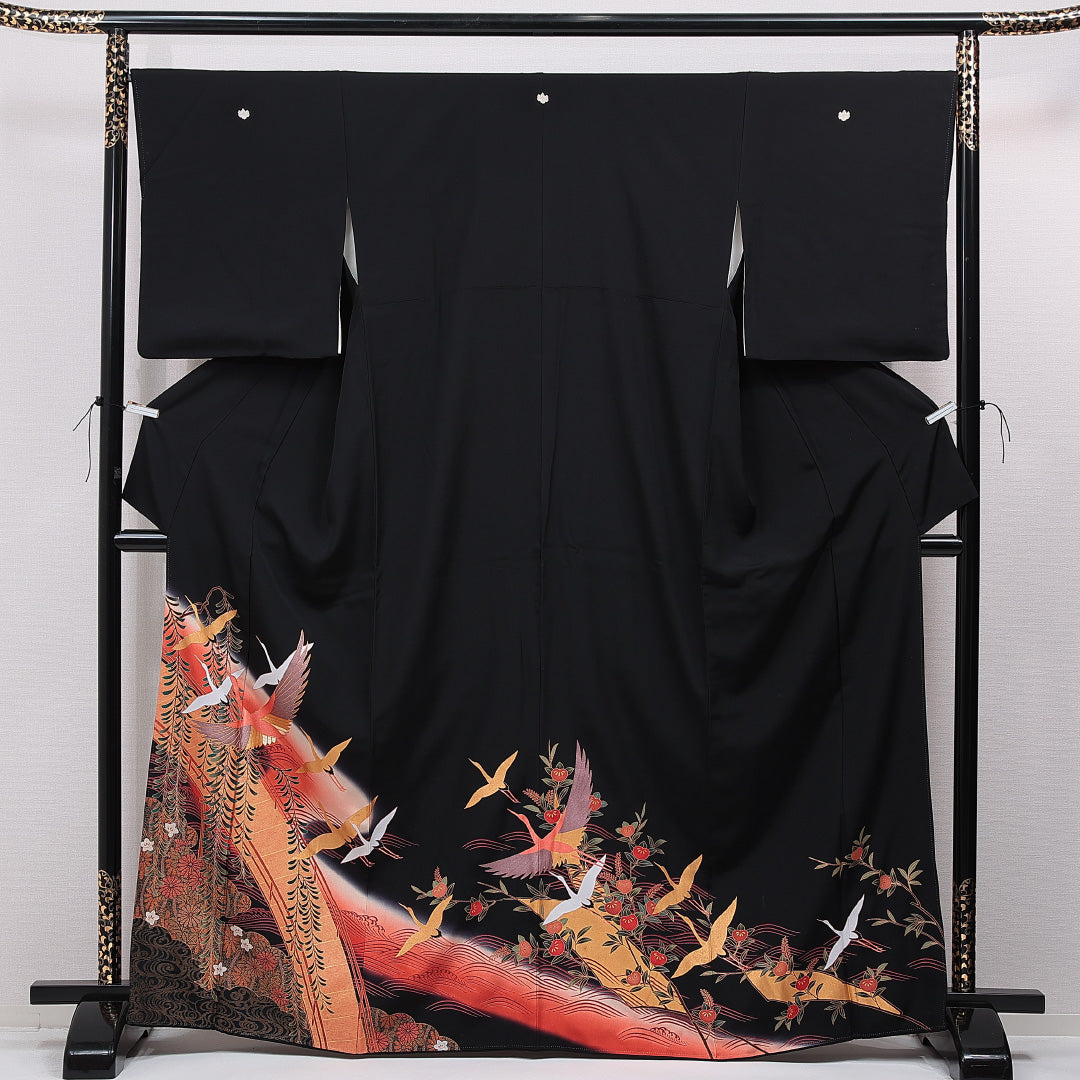 黒留袖 袷 身丈165cm 裄丈67cm 正絹 Cランク 五つ紋 (五三桐) フォーマル 広衿 XLサイズ 刺繍 比翼 鶴 黒系 LP 1213-07026