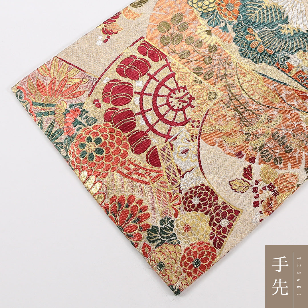 アンティーク 丸帯 帯丈388cm 正絹 全通 扇面文 菊 松 ベージュ系 1242-02566