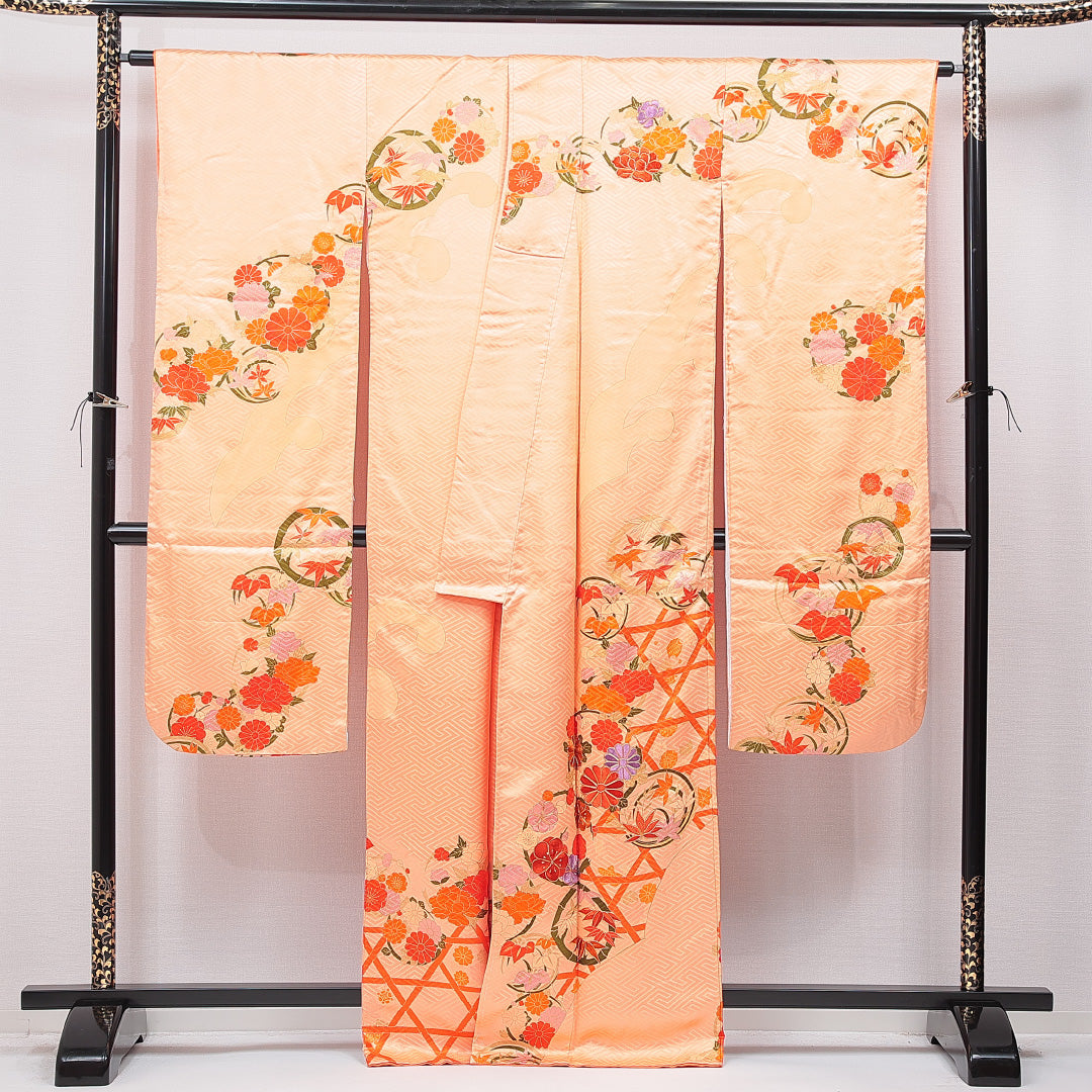 振袖 袷 身丈165cm 裄丈67cm 正絹 Cランク フォーマル 広衿 XLサイズ 光悦垣 丸文 朱系 LP 1215-07045