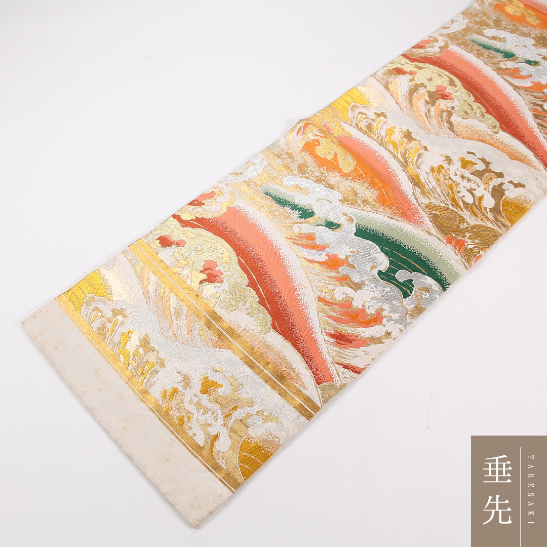 アンティーク 丸帯 帯丈402cm 正絹 全通 波頭 クリーム系 1242-02561