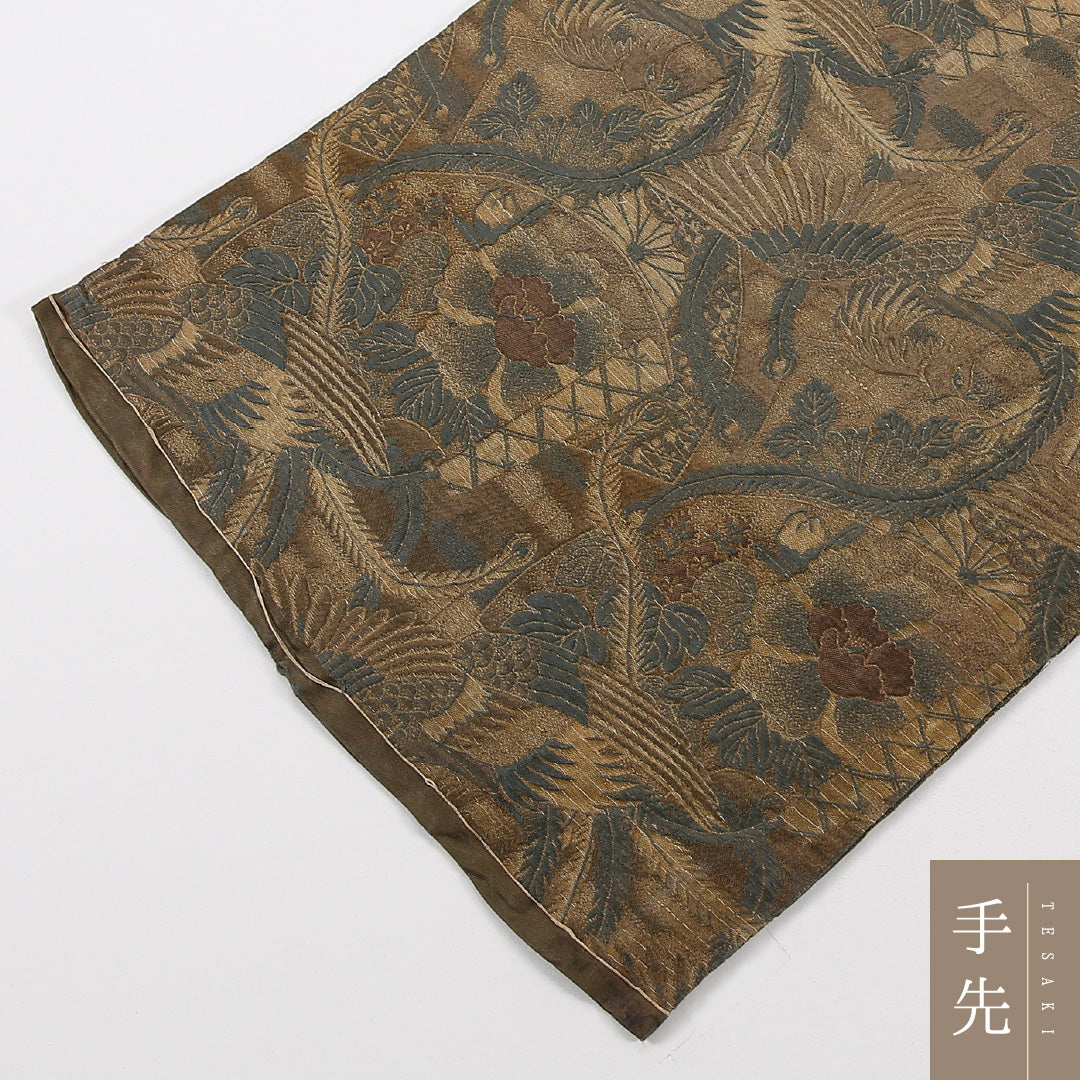 アンティーク 丸帯 帯丈392cm 正絹 全通 鶴 牡丹 茶系 1242-02563