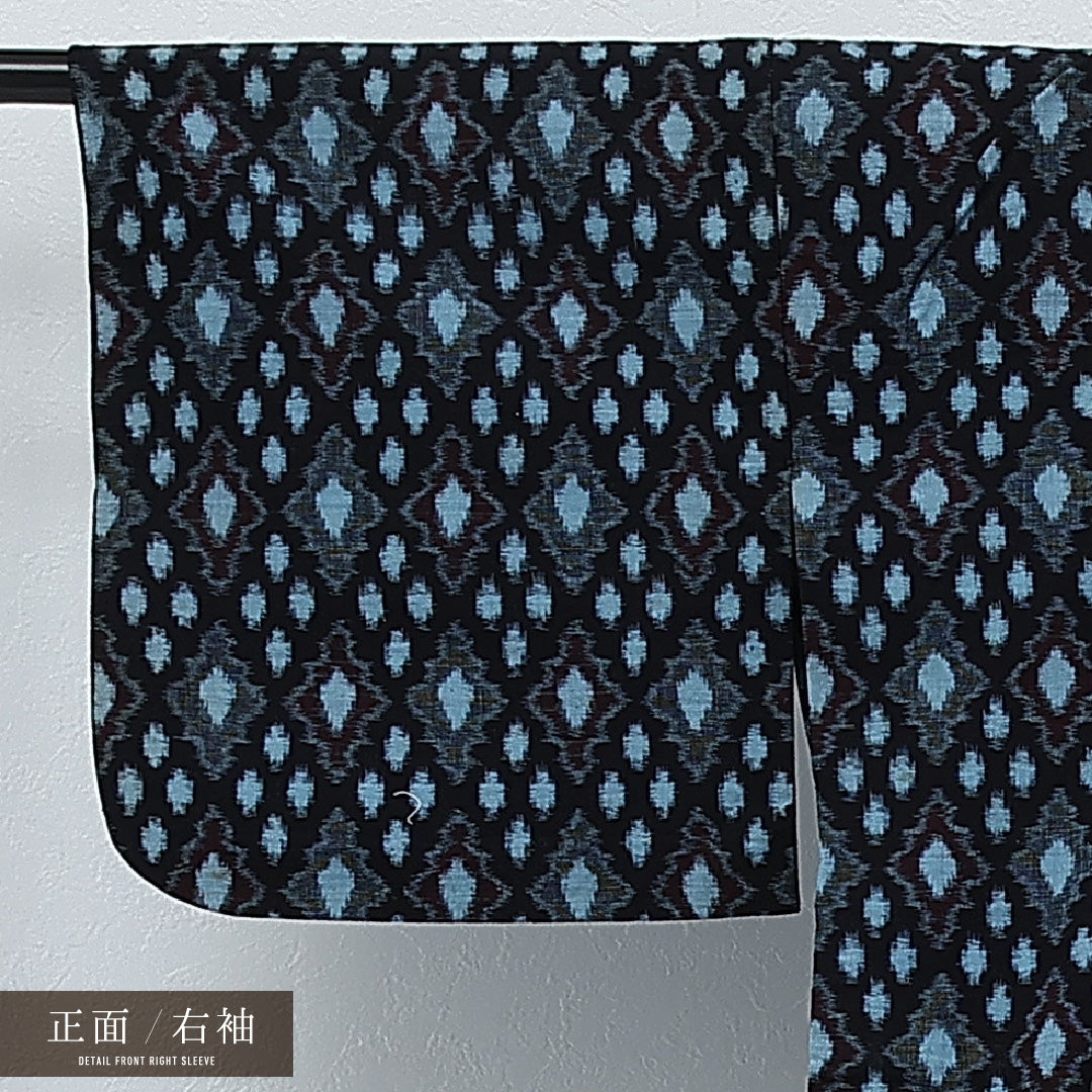 アンティーク 紬 単衣 身丈143cm 裄丈62cm 正絹 Aランク バチ衿 Mサイズ 居敷当て 肩当て 菱絣 紺系 RP 1223-17251