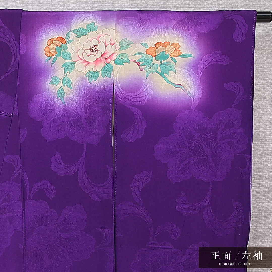アンティーク 小振袖 (錦紗) 袷 身丈153cm 裄丈62cm 正絹 Dランク 広衿 Sサイズ 扇面文 紫系 M4 1216-07101