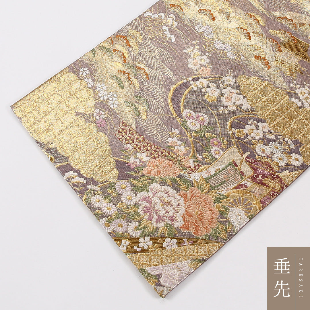 御所車 袋帯 帯丈432cm 正絹 六通 フォーマル 菊 クリーム系 1243-02634