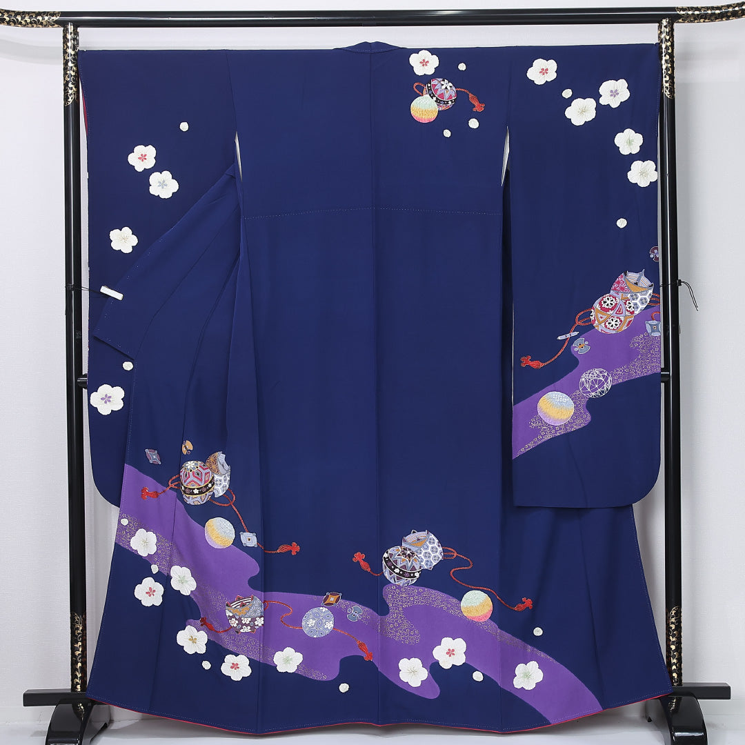 振袖 袷 身丈161cm 裄丈68cm 正絹 Bランク フォーマル 広衿 Lサイズ 絞り 毬 梅 紺系 M4 1215-06728