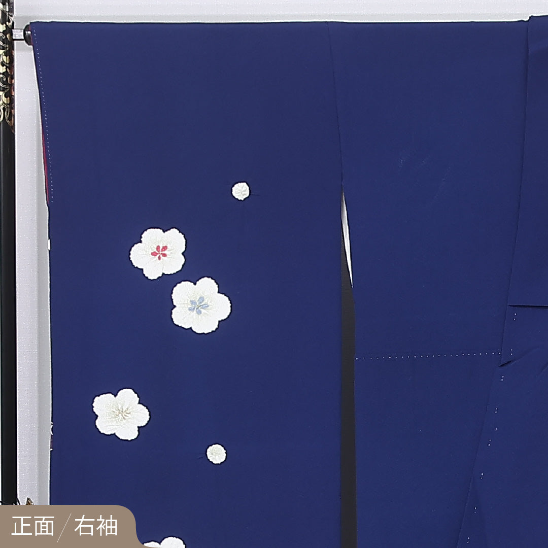 振袖 袷 身丈161cm 裄丈68cm 正絹 Bランク フォーマル 広衿 Lサイズ 絞り 毬 梅 紺系 M4 1215-06728