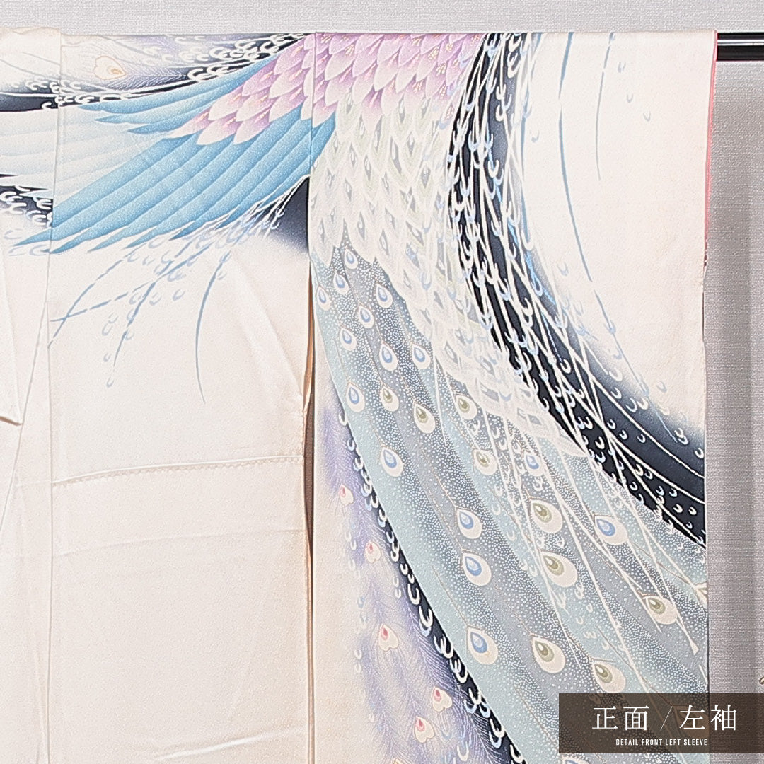 振袖 袷 身丈159cm 裄丈63cm 正絹 Sランク フォーマル 広衿 Mサイズ 孔雀 牡丹 クリーム系 RP 1215-06991