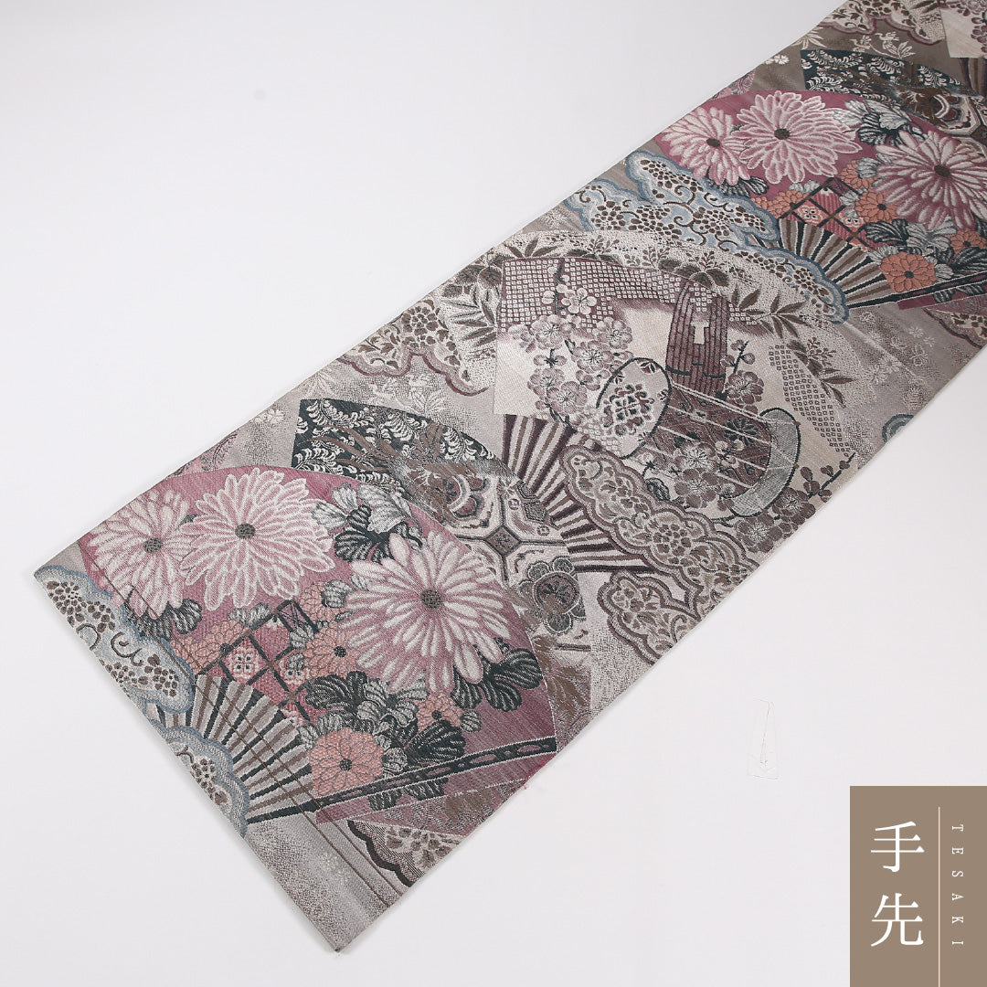菊 アンティーク 丸帯 帯丈380cm 正絹 全通 フォーマル クリーム系 グレー系 1242-02618