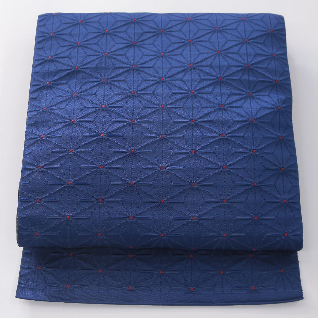 八寸名古屋帯 帯丈353cm 正絹 六通 松葉仕立て 織り カジュアル 麻の葉 04266 麻の葉 青系 RP 1245-04266