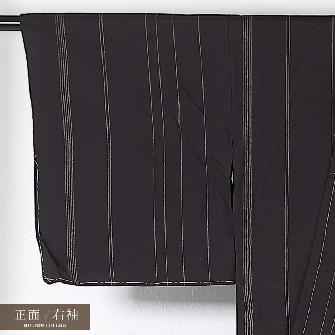 小紋 単衣 身丈150cm 裄丈62cm 正絹 Aランク インフォーマル バチ衿 Sサイズ 縞 黒系 RP 1221-17387